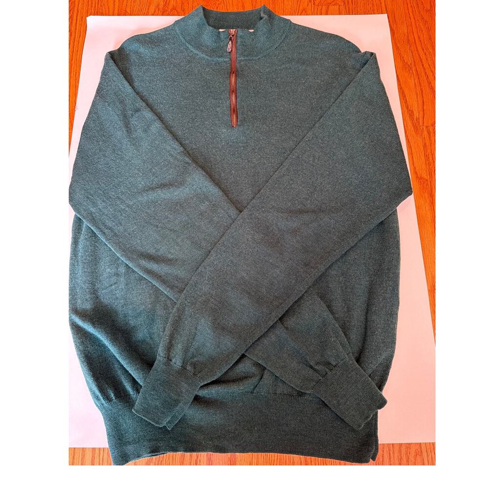 Peter Millar XL 100% Merino Wool Quarter Zip Sweater Forest Green Leather Trim